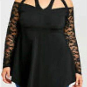 Plus Size Lace Sleeved off Shoulder Halter Top